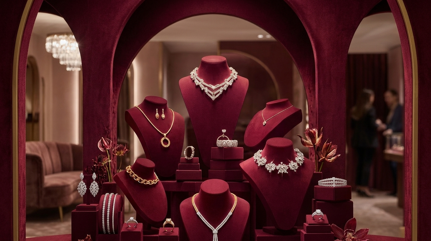 Créations de bijoux dorés présentées sur fond clair